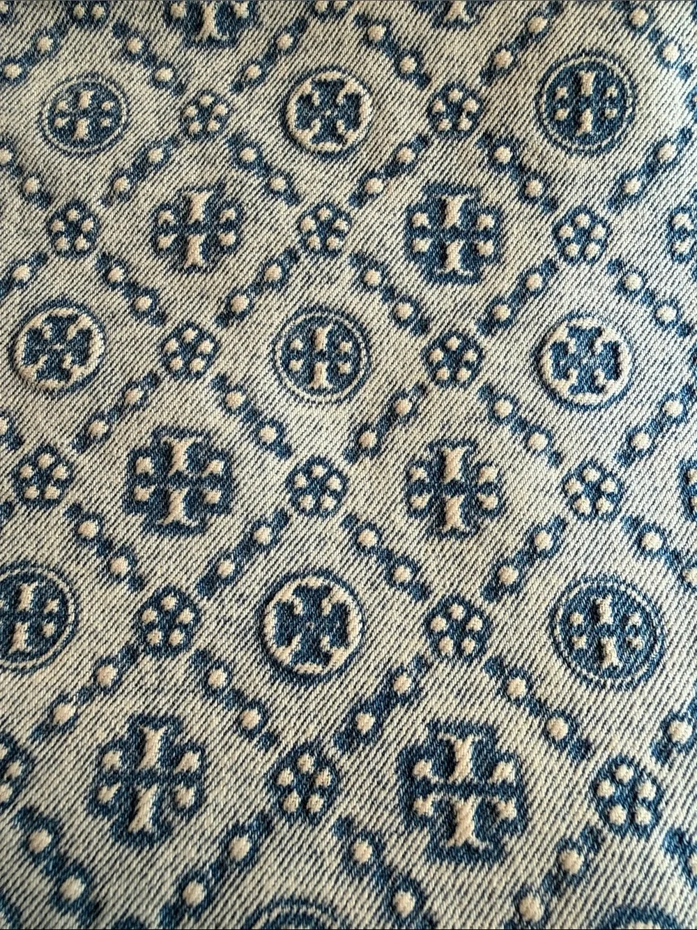Tory Burch Blue and Cream Large Denim Monogram Shoulder Bag